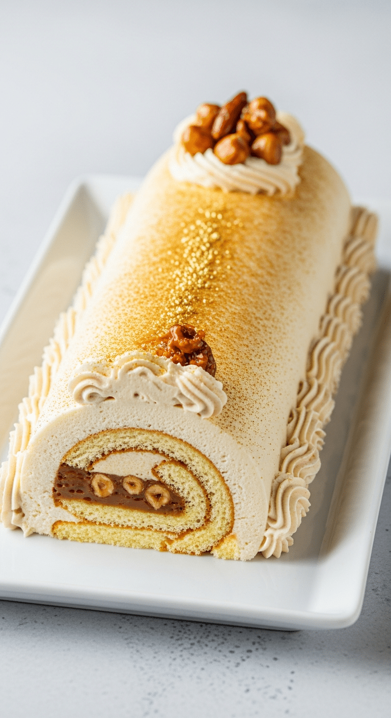 Bûche au praliné élégante chocolat noisettes tranche spirale crème visible