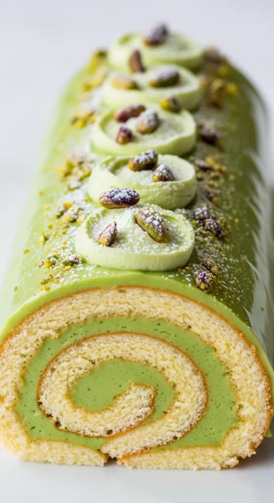Bûche roulée pistache élégante spirale visible ganache montée enrobage croquant