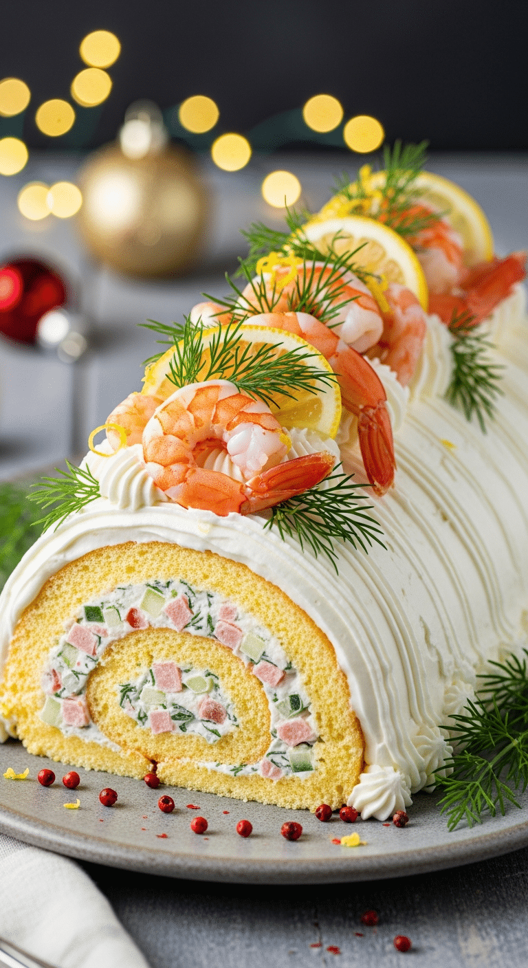 Bûche salée Noël crevettes saumon fumé décoration élégante sophistiquée