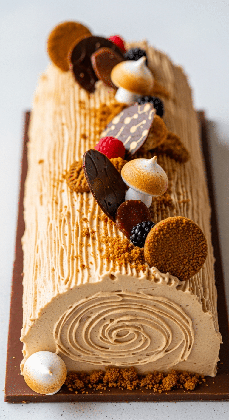 Bûche aux spéculoos crémeuse décorée rosettes biscuits Noël