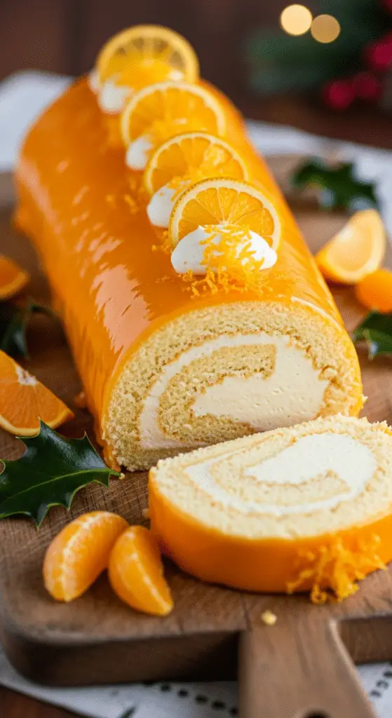 Bûche vanille orange élégante mousse légère décoration festive