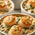 Cassolettes de Saint-Jacques crémeuses champignons gratinées élégantes