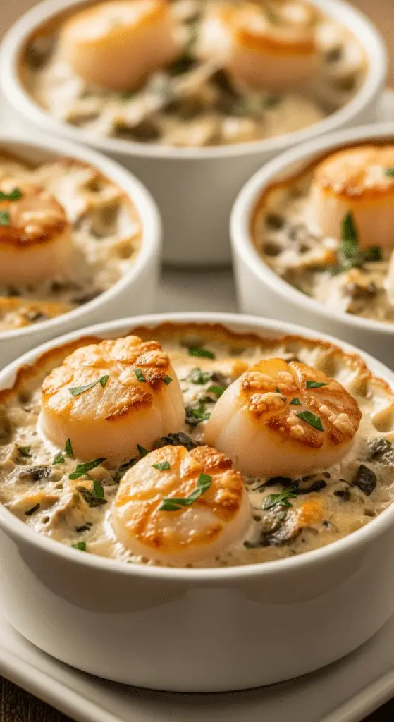 Cassolettes de Saint-Jacques crémeuses champignons gratinées élégantes