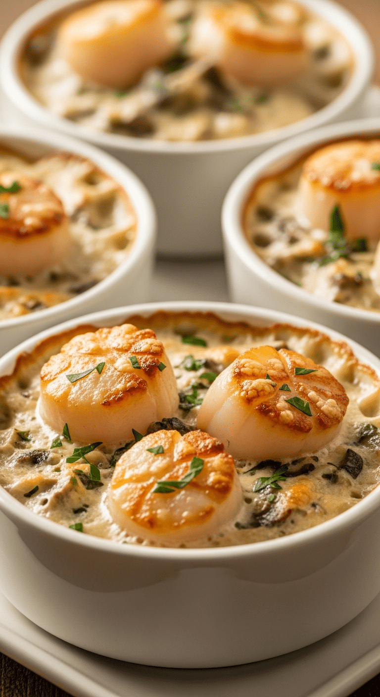 Cassolettes de Saint-Jacques crémeuses champignons gratinées élégantes