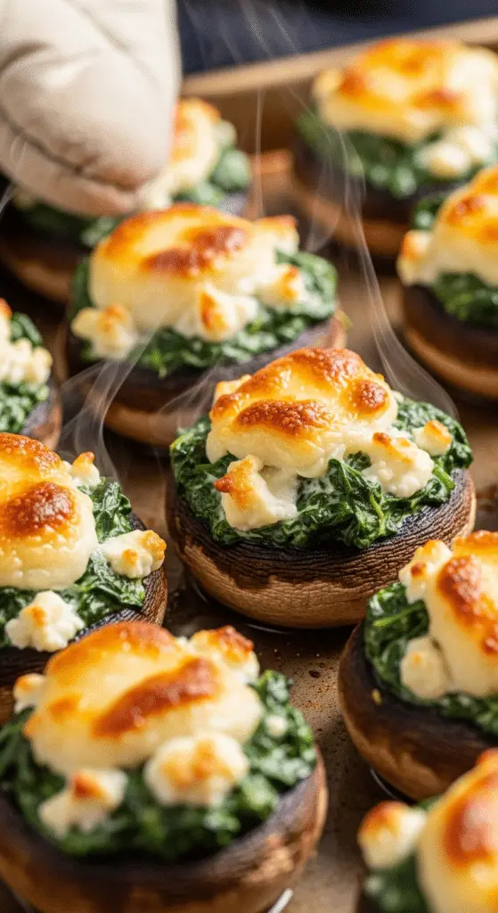 Champignons farcis dorés sortant du four avec dessus gratiné croustillant