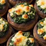 Champignons farcis aux épinards et fromage de chèvre dorés sur assiette blanche