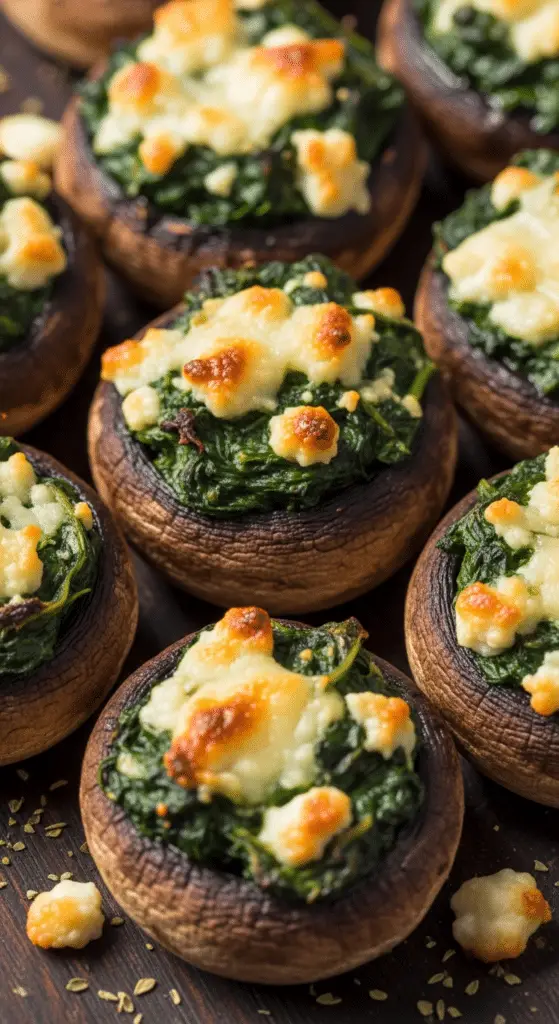 Champignons farcis aux épinards et fromage de chèvre dorés sur assiette blanche