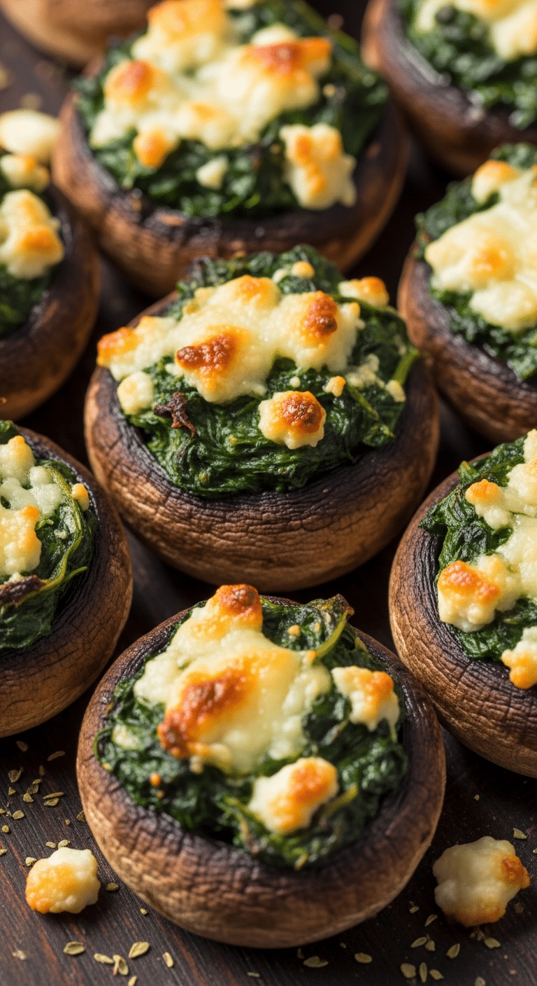 Champignons farcis aux épinards et fromage de chèvre dorés sur assiette blanche