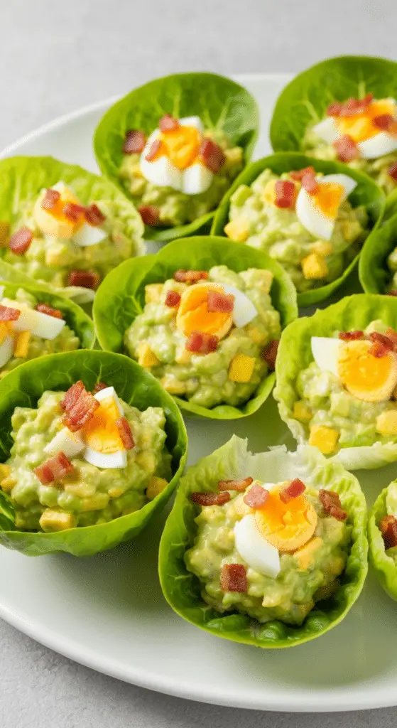 Coupelles laitue garnies généreusement avocat œufs lardons plateau