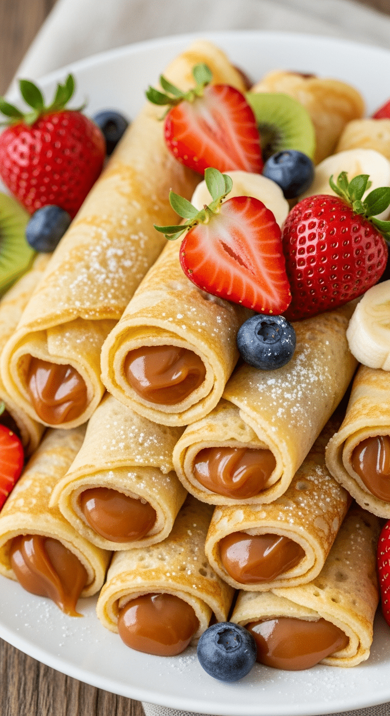 Crêpes roulées confiture lait fruits pyramide spectaculaire colorée