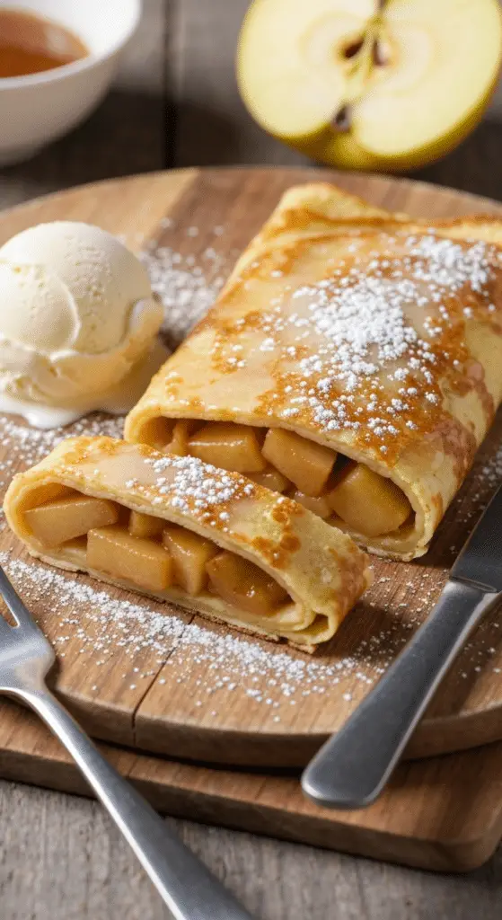 Crépiau pommes tranché sucre glace glace vanille présentation rustique