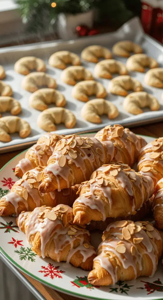 Croissants de Noël vanille amande fraîchement cuits dorés parfaits