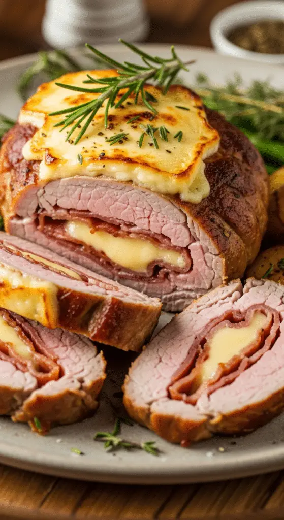 Filet mignon Orloff cuit au four avec pommes terre dorées fromage fondu