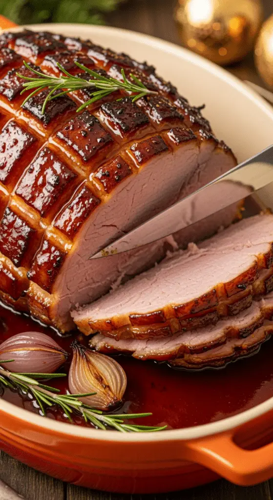 Découpe jambon Noël érable whisky tranches juteuses glacées brillantes