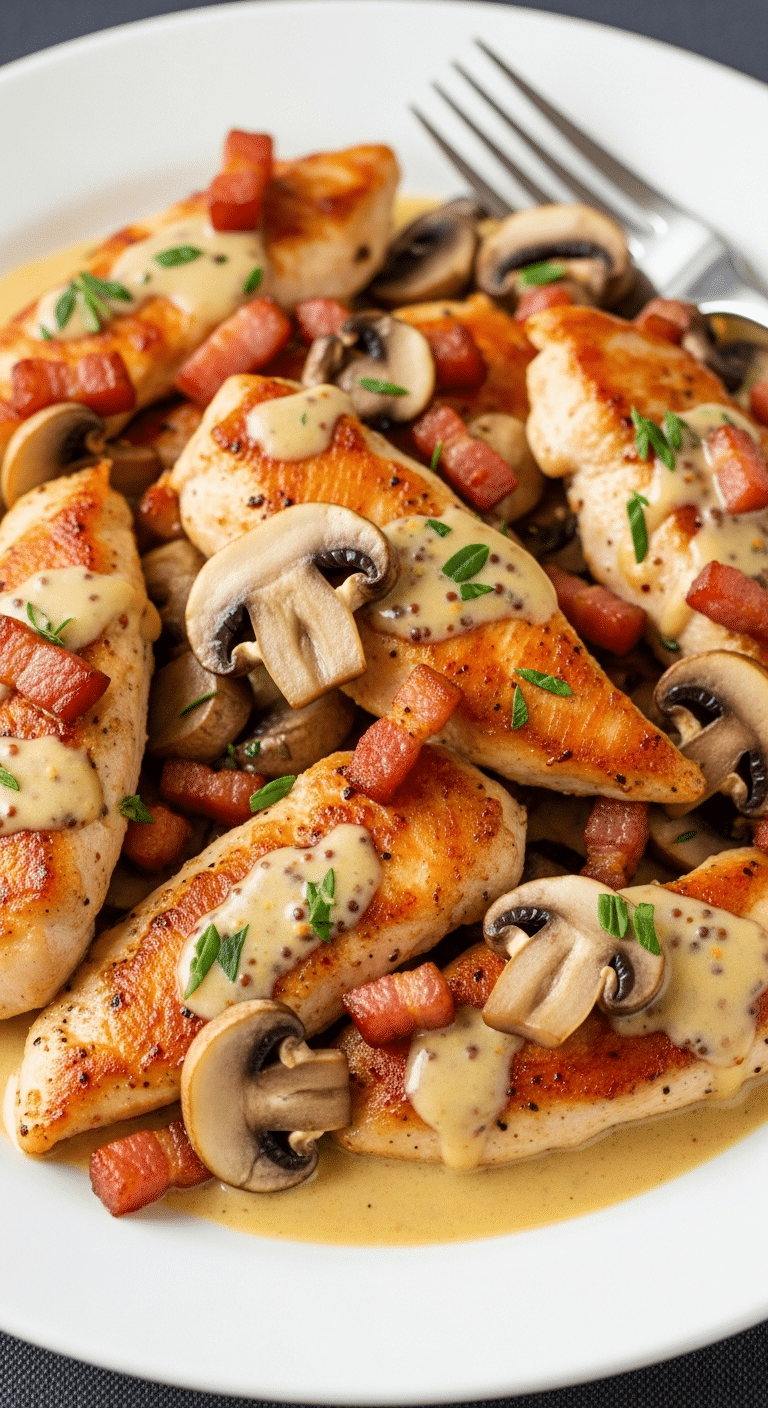 Émincés poulet moutarde lardons champignons sauce crémeuse