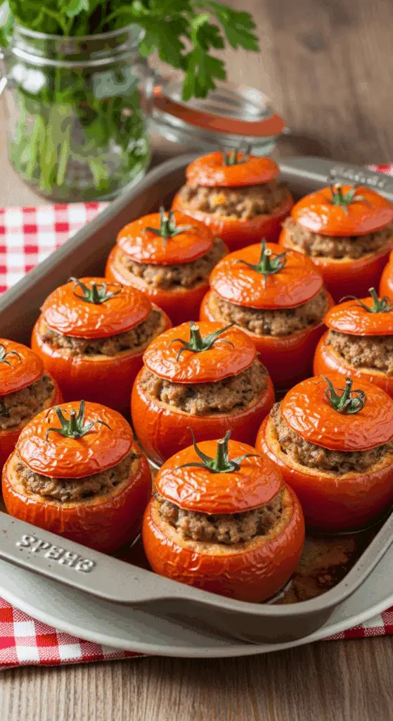 Farce généreuse des tomates avec mélange viande et herbes traditionnel