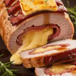 Filet mignon Orloff lard et raclette tranché montrant couches fromage fondu et lard