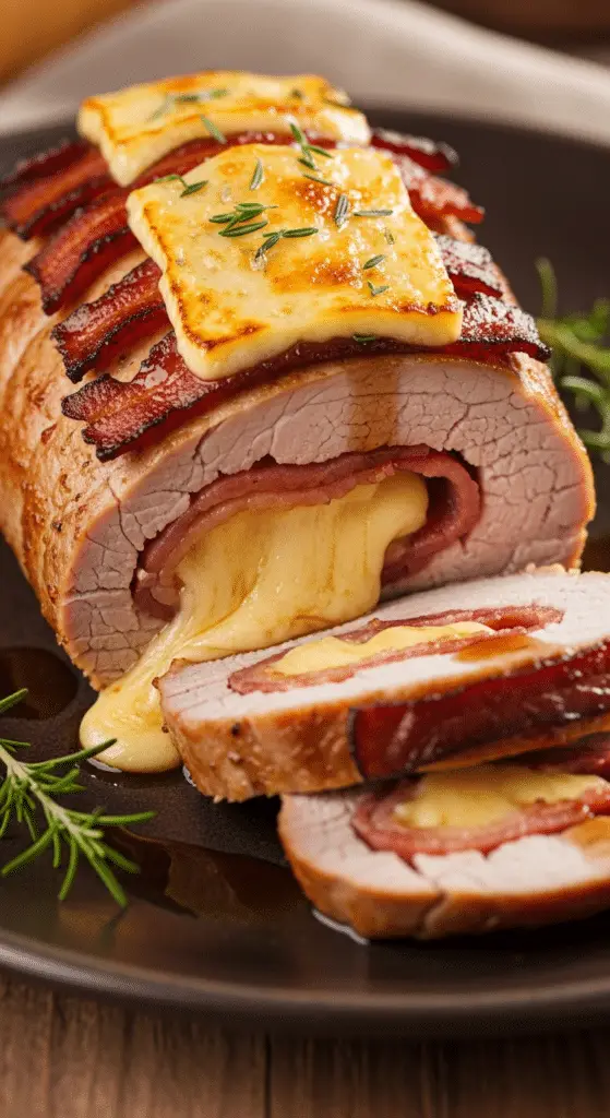 Filet mignon Orloff lard et raclette tranché montrant couches fromage fondu et lard