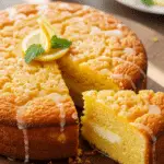 Fondant citron mascarpone moelleux saupoudré sucre glace sur présentoir blanc