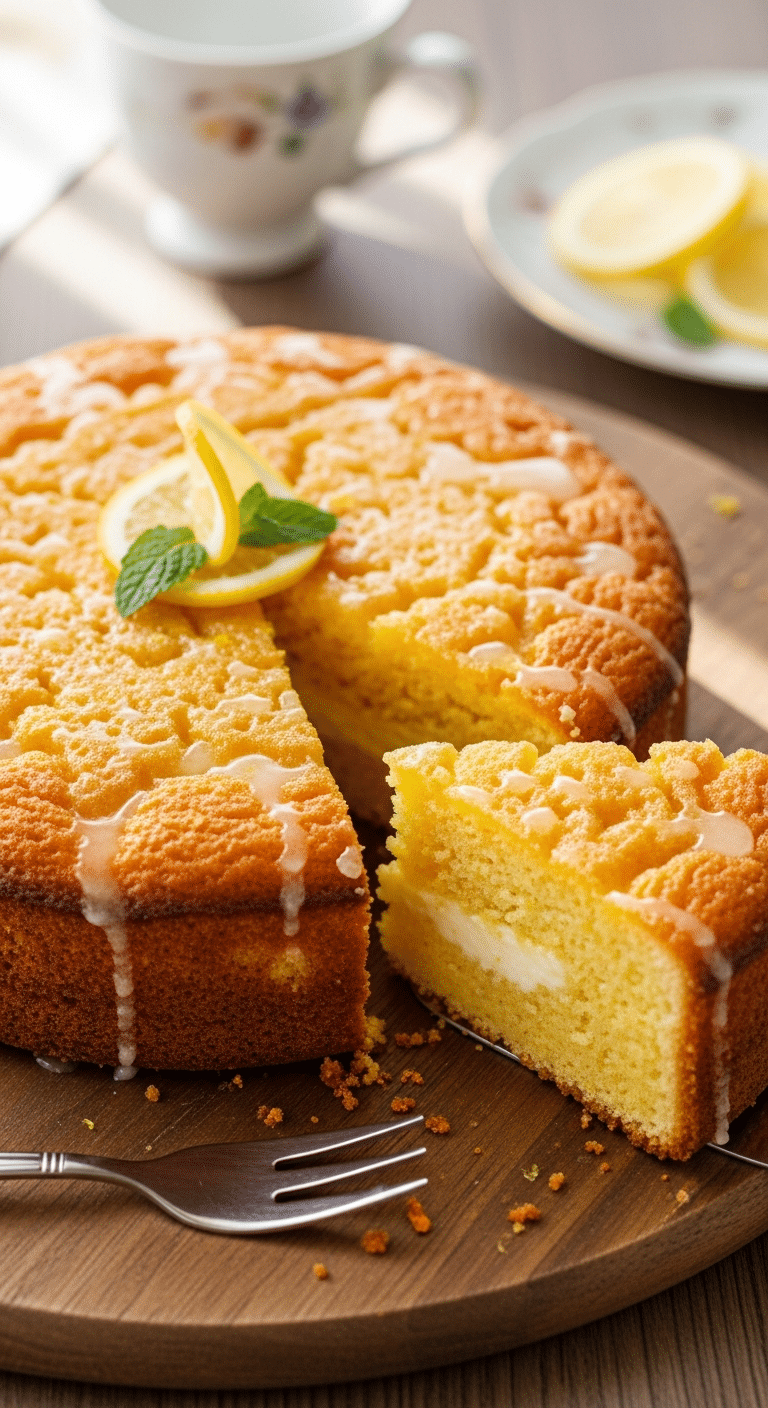 Fondant citron mascarpone moelleux saupoudré sucre glace sur présentoir blanc