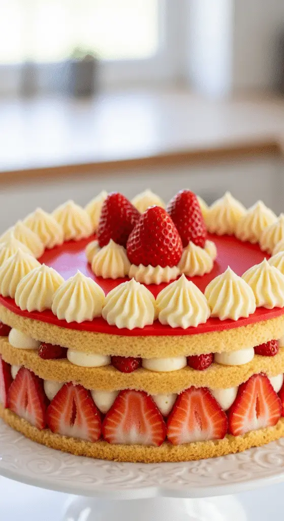 Fraisier classique français avec couronne de fraises visible et nappage brillant