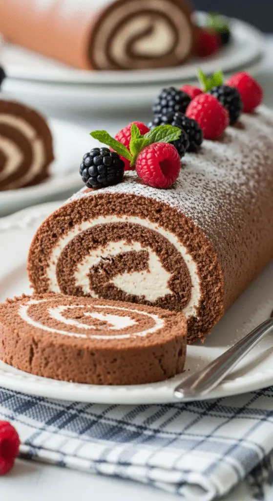 Tranche gâteau roulé génoise chocolat spirale parfaite garniture crème