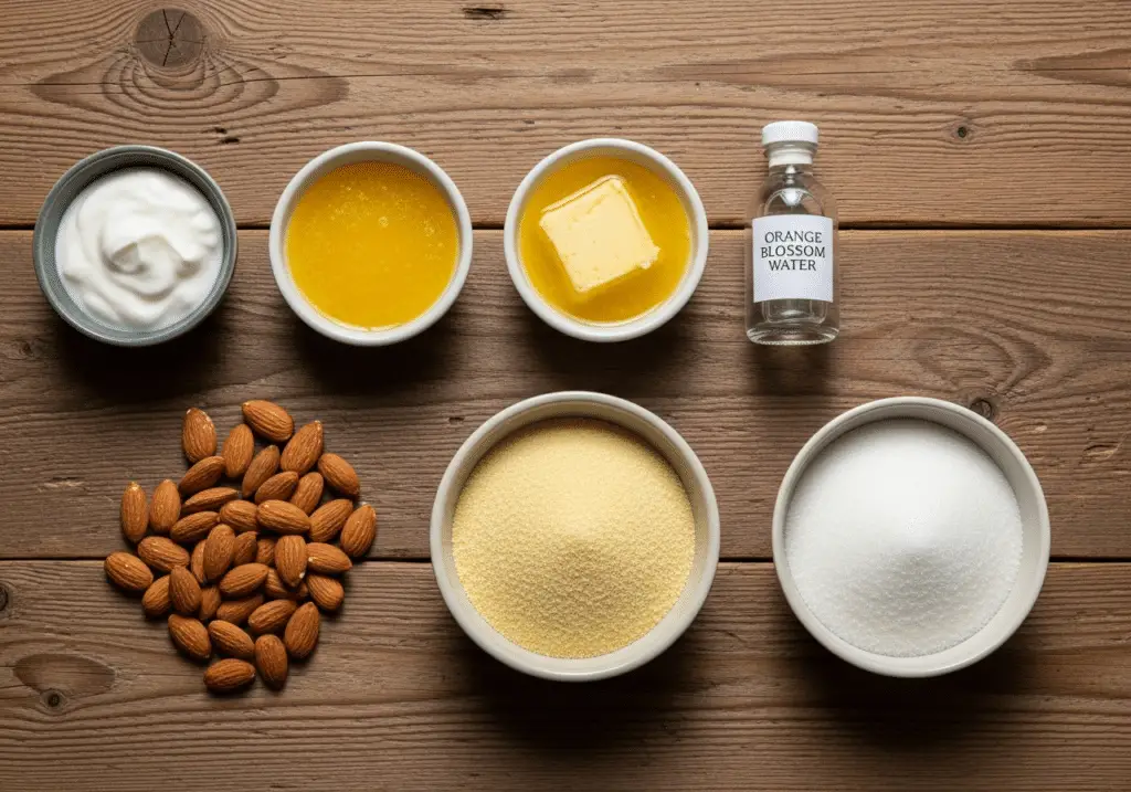 Ingrédients basboussa : semoule yaourt grec beurre sucre fleur d'oranger amandes