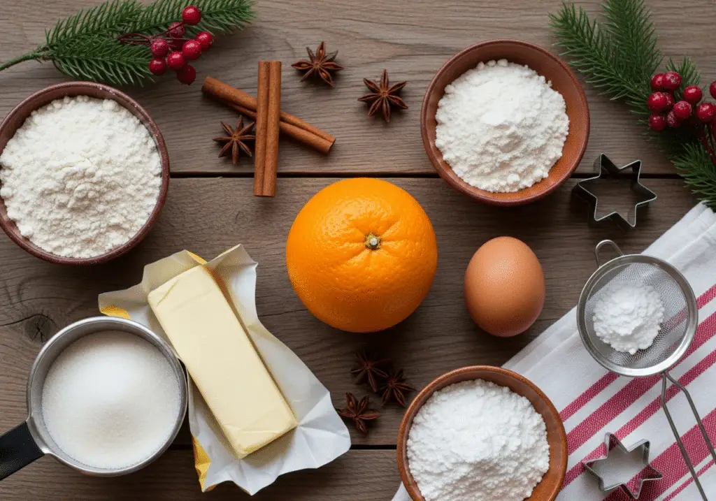 Ingrédients simples biscuits Noël orange disposés style festif chaleureux