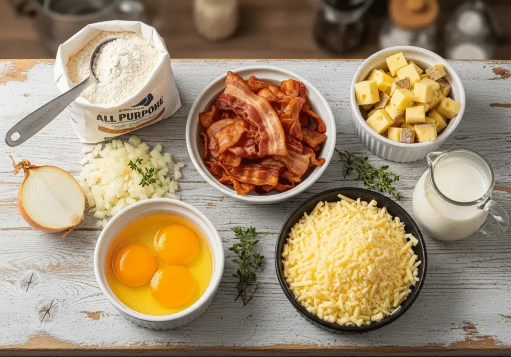 Ingrédients simples bouchées lardons Comté disposés style rustique français