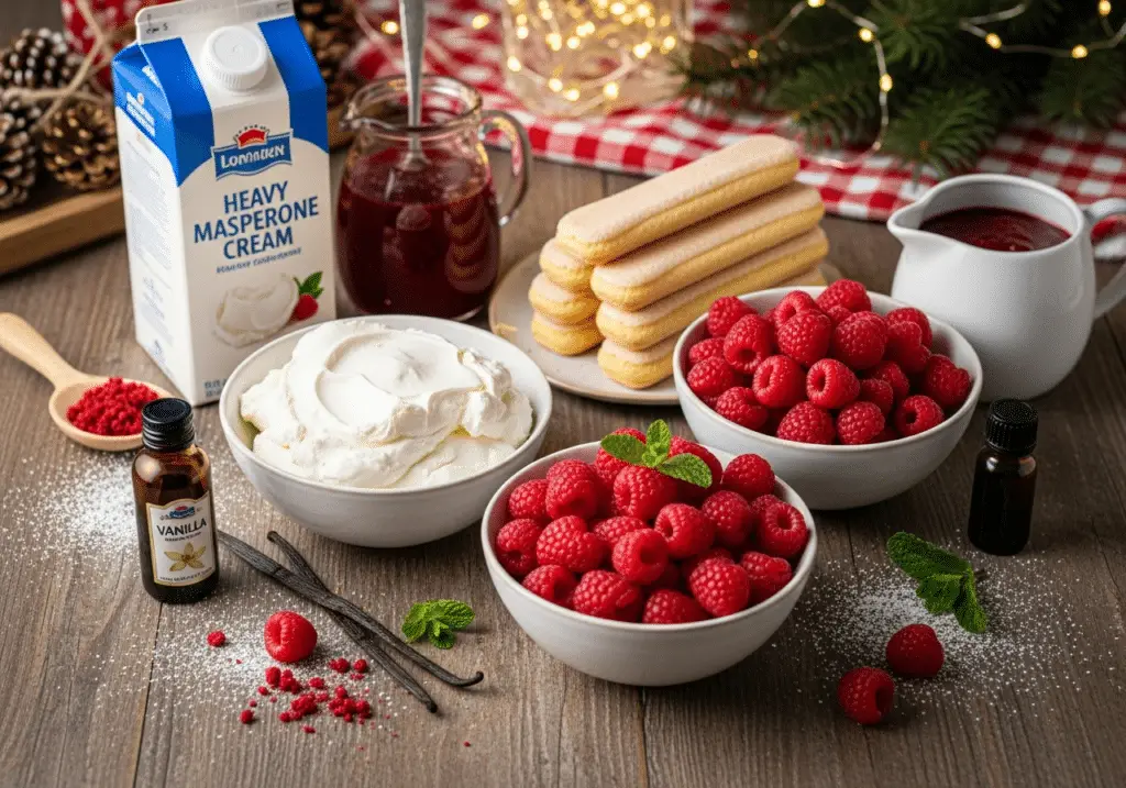 Ingrédients de qualité bûche mascarpone-framboise sans cuisson disposés style élégant