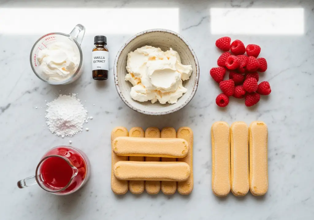 Ingrédients bûche sans cuisson : mascarpone framboises biscuits crème