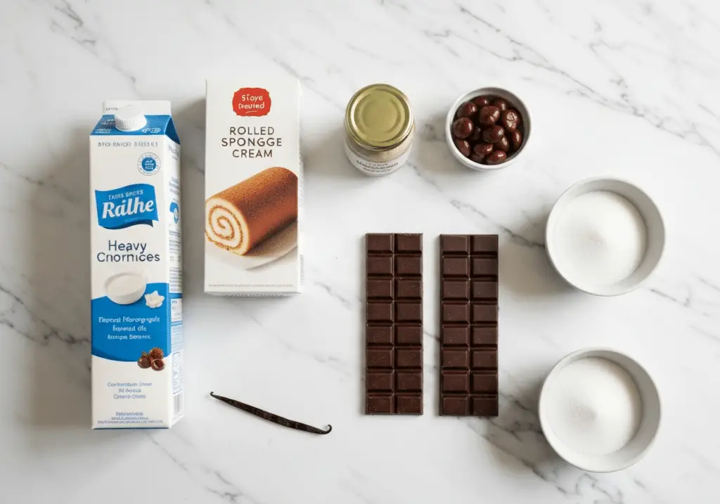 Ingrédients bûche Noël express : génoise crème marrons chocolat marrons glacés