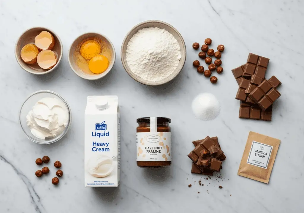 Ingrédients bûche praliné : œufs farine mascarpone crème pâte praliné chocolat noisettes