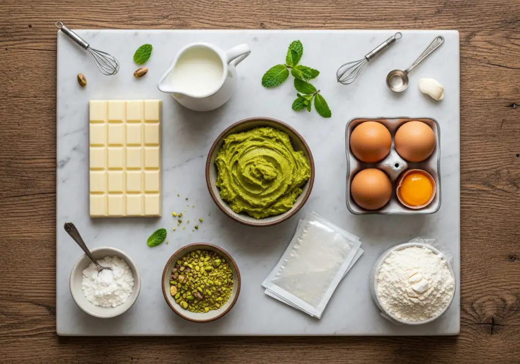 Ingrédients de qualité bûche pistache disposés style pâtisserie française élégante