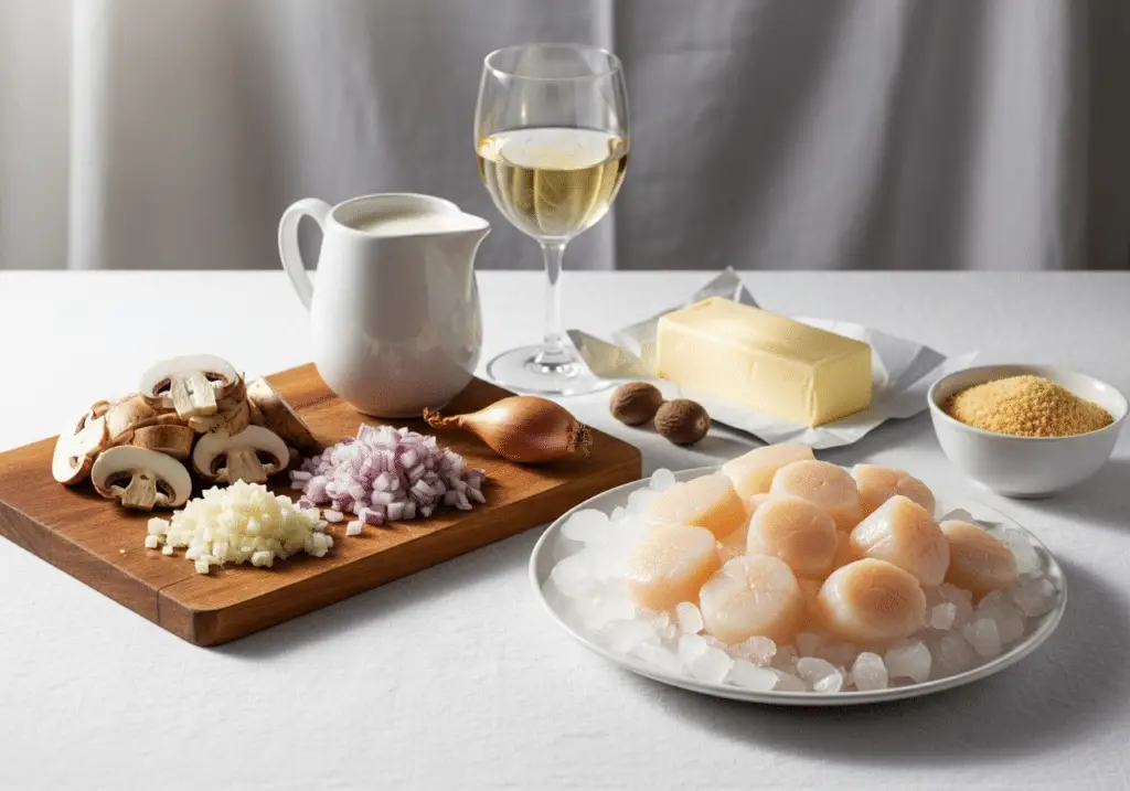 Ingrédients frais cassolettes Saint-Jacques champignons crème qualité