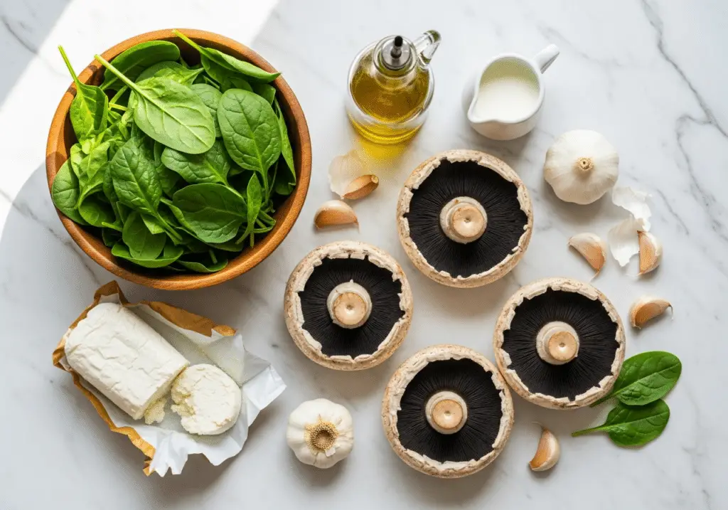 Ingrédients champignons farcis : portobellos épinards fromage chèvre ail crème huile