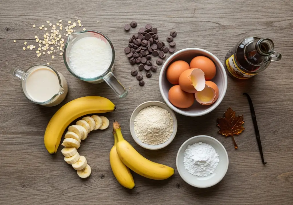 Ingrédients clafoutis avoine : crème lait œufs bananes farine avoine sirop