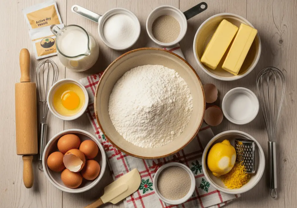 Ingrédients traditionnels cougnou brioche Noël belge disposés style rustique festif
