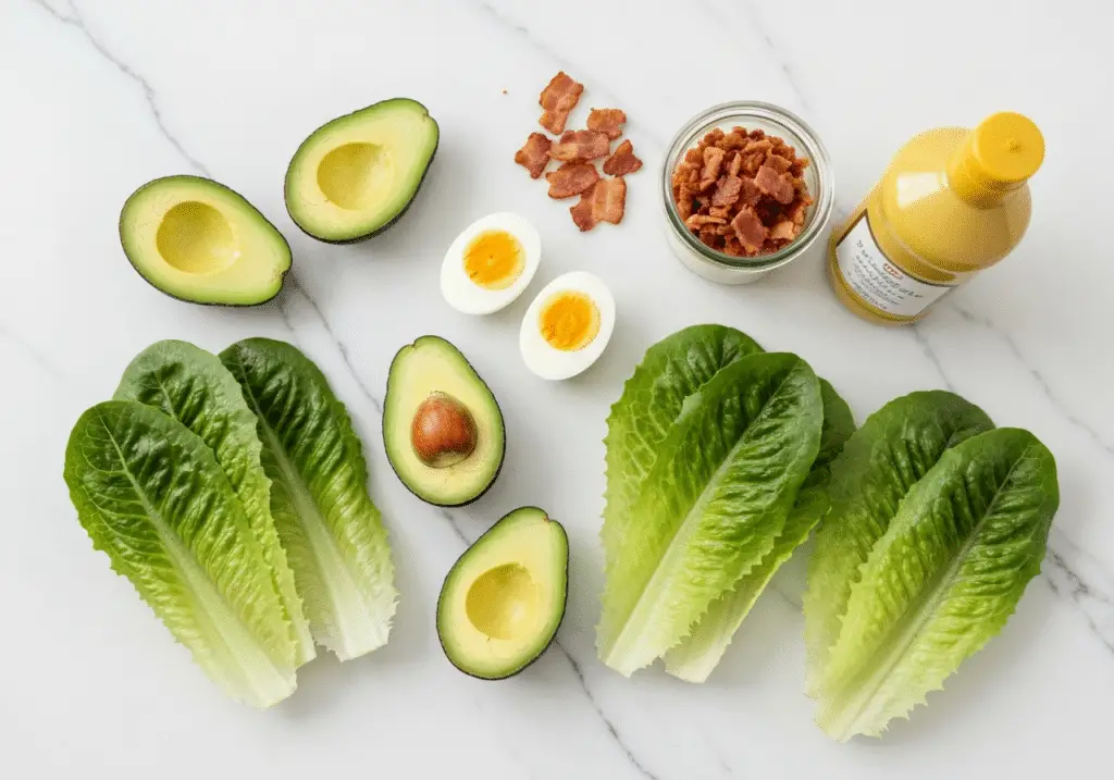 Ingrédients coupelles laitue : laitue avocat œufs lardons mayonnaise moutarde