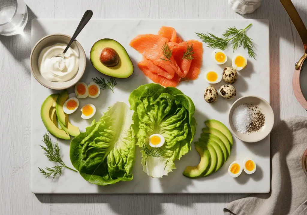 Ingrédients nobles pour coupelles laitue saumon avocat œufs caille disposés style élégant