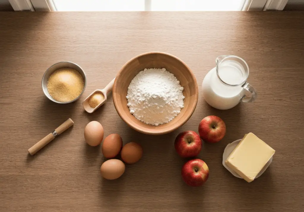 Ingrédients crépiau : farine œufs lait pommes sucre beurre