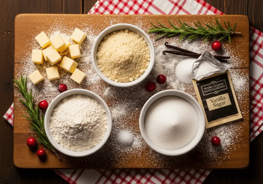 Ingrédients nobles pour croissants de Noël vanille amande disposés style festif