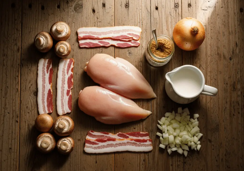 Ingrédients émincés poulet : blancs lardons champignons moutarde crème