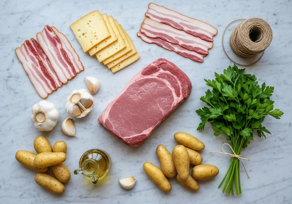 Ingrédients filet mignon Orloff : porc lard raclette pommes terre Ratte ail persil