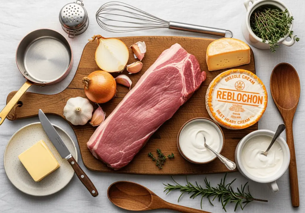 Ingrédients nobles filet mignon reblochon disposés style élégant sophistiqué