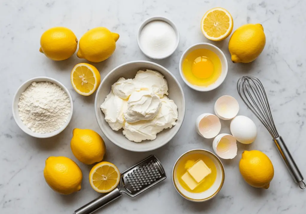 Ingrédients fondant citron mascarpone : citrons mascarpone œufs farine sucre beurre