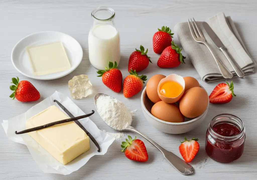 Ingrédients nobles pour fraisier français disposés style pâtisserie élégante