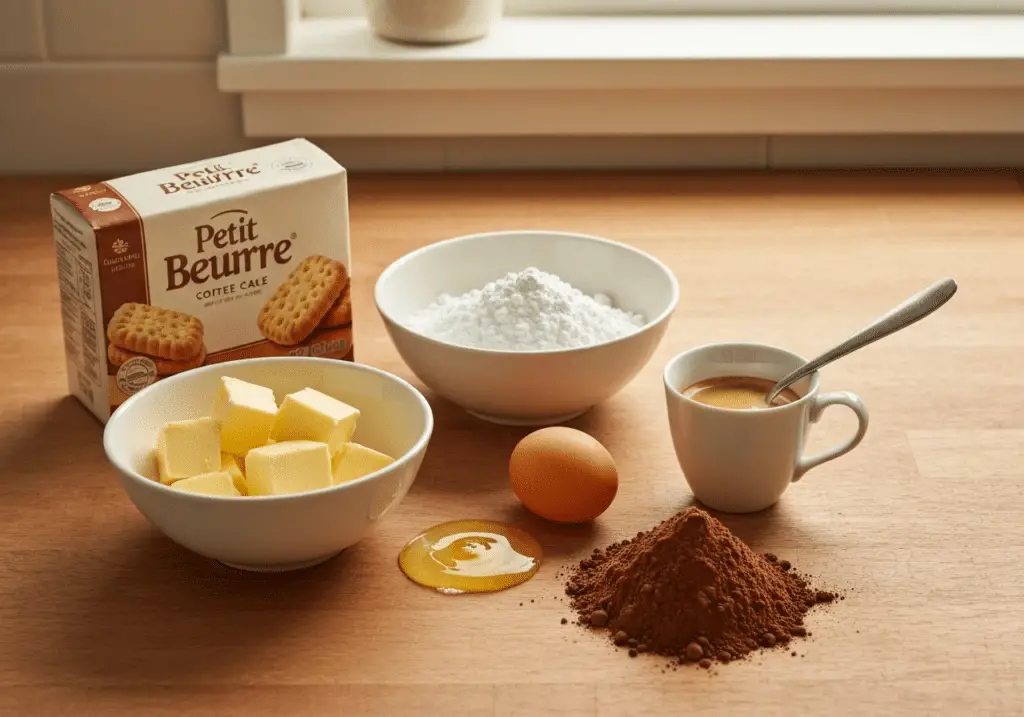 Ingrédients gâteau Petit Beurre café simples sans cuisson