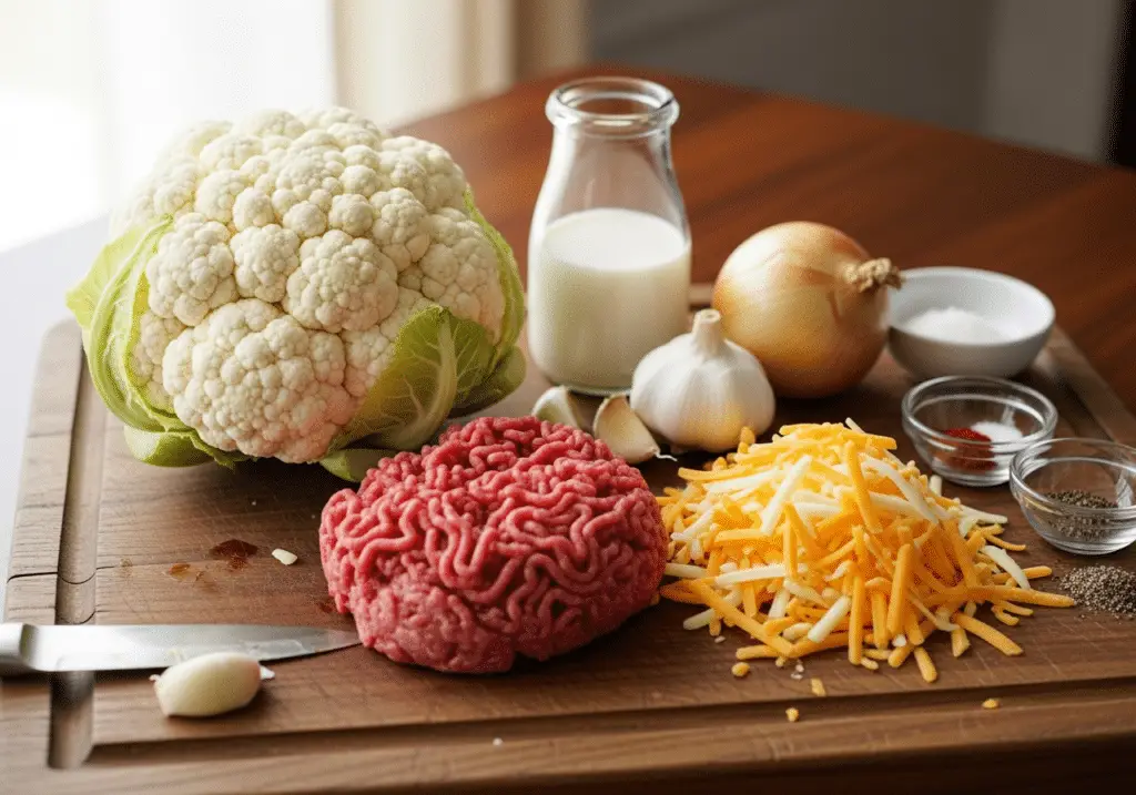 Ingrédients gratin viande hachée chou-fleur cheddar frais simples