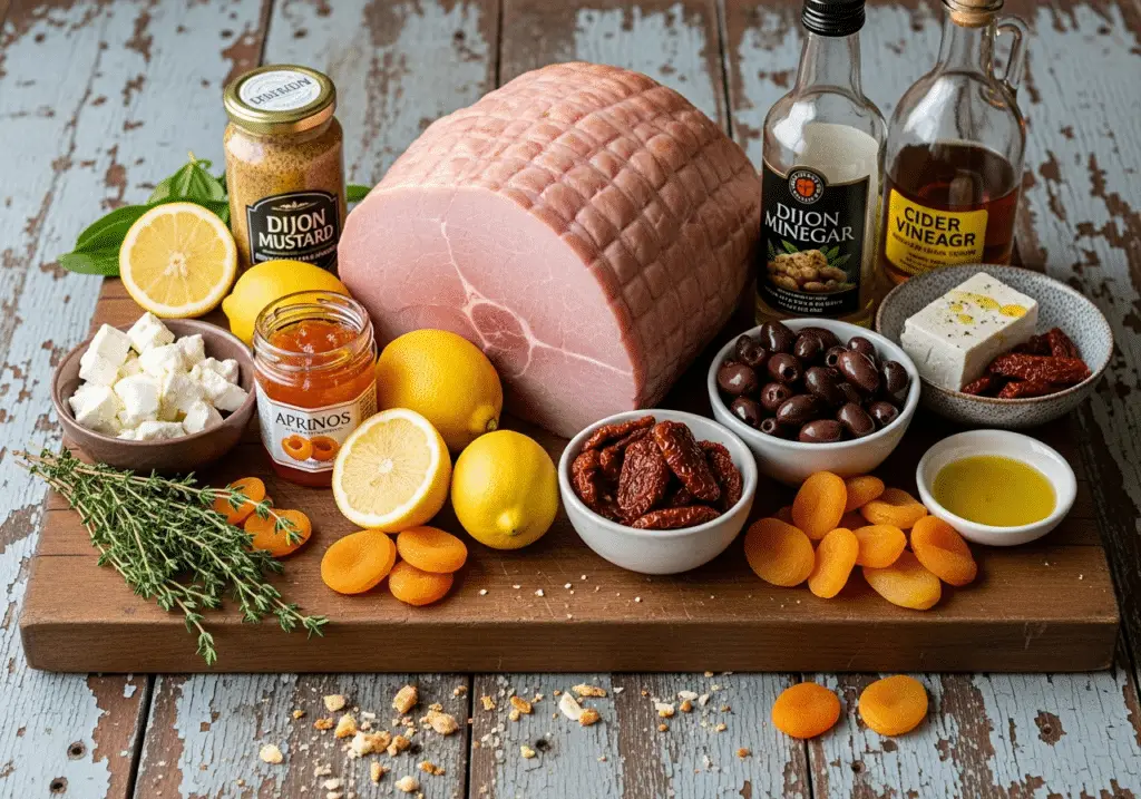 Ingrédients jambon abricot thym confiture fruits secs herbes méditerranéens